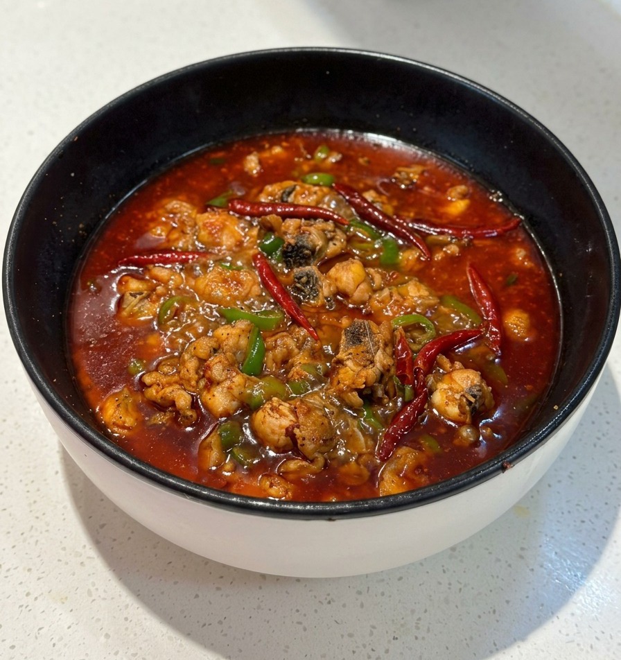 Una sartén negra llena de un caldo rojo picante e hirviente con trozos de pollo y trozos de cebolleta verde.