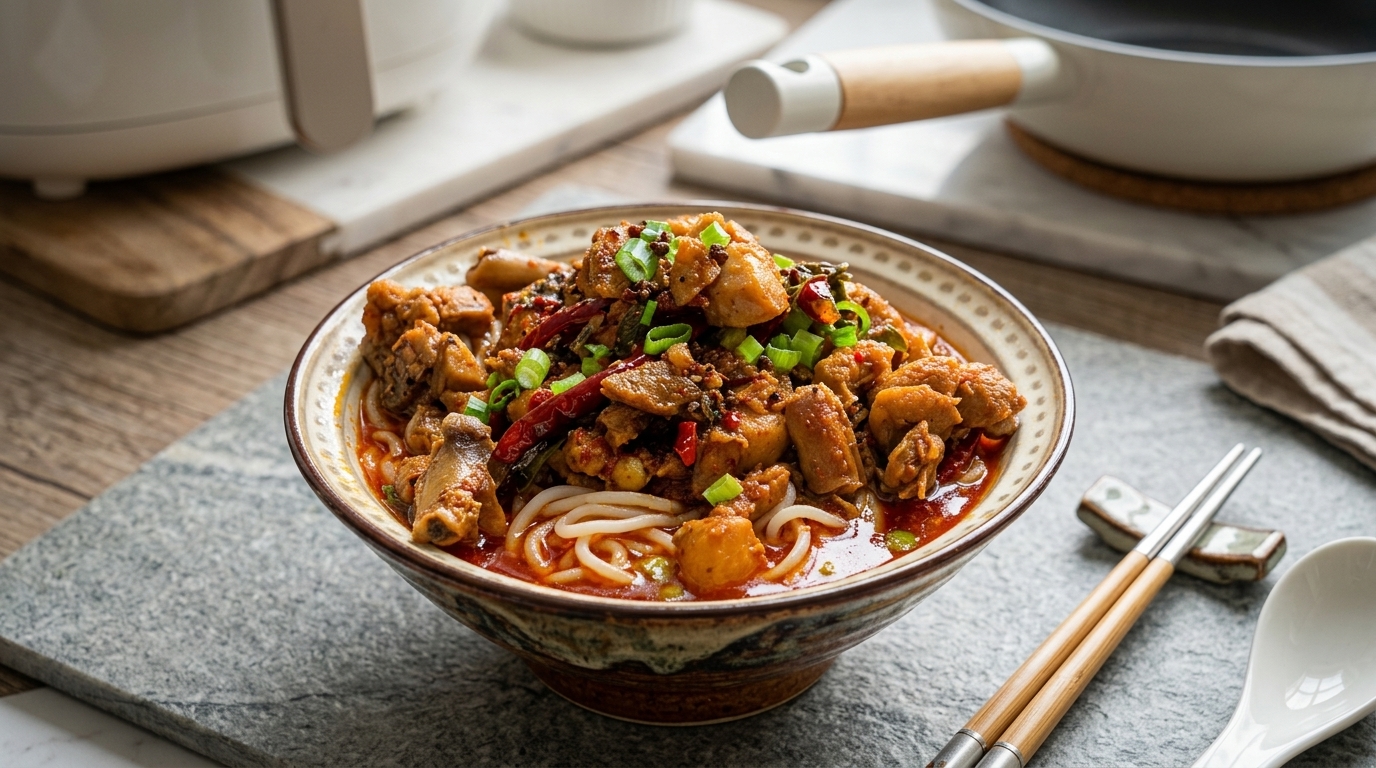 Sopa picante de fideos con pollo al estilo Sichuan