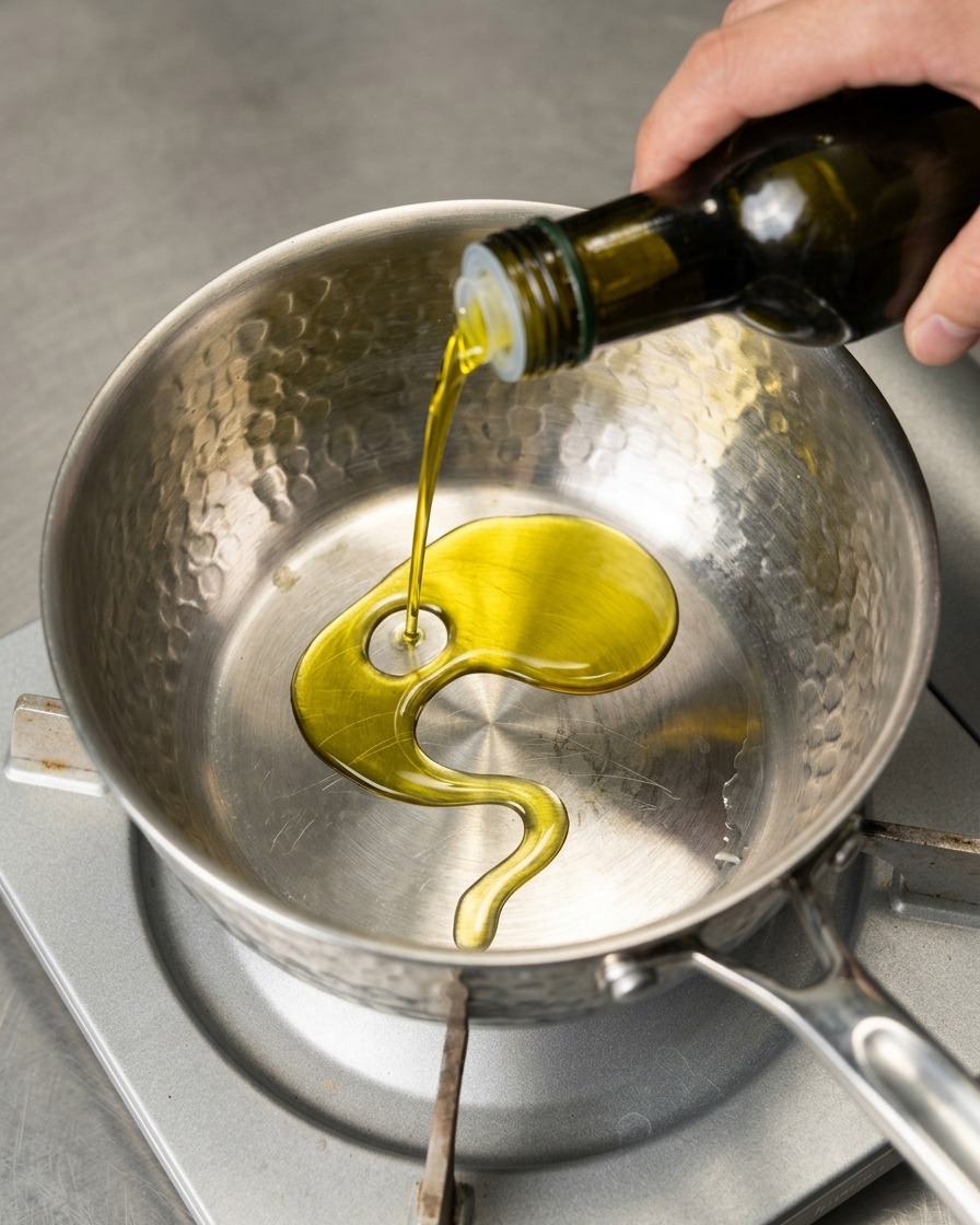 Un chorro de aceite de oliva verde amarillento vertiéndose desde una botella de vidrio en el centro de una olla de acero inoxidable repujado.