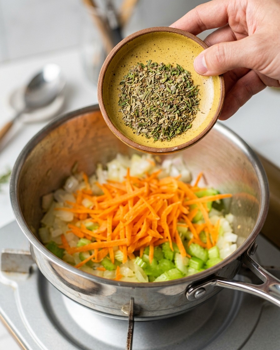 Hierbas verdes secas volcándose desde un pequeño platillo de cerámica amarilla en una olla con verduras salteadas de colores.