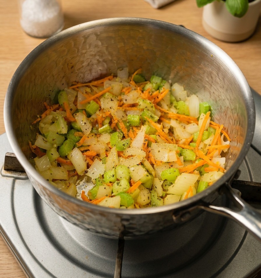 Cebollas en cubos, apio y zanahorias ralladas con hierbas secas salteándose en una olla de acero inoxidable.