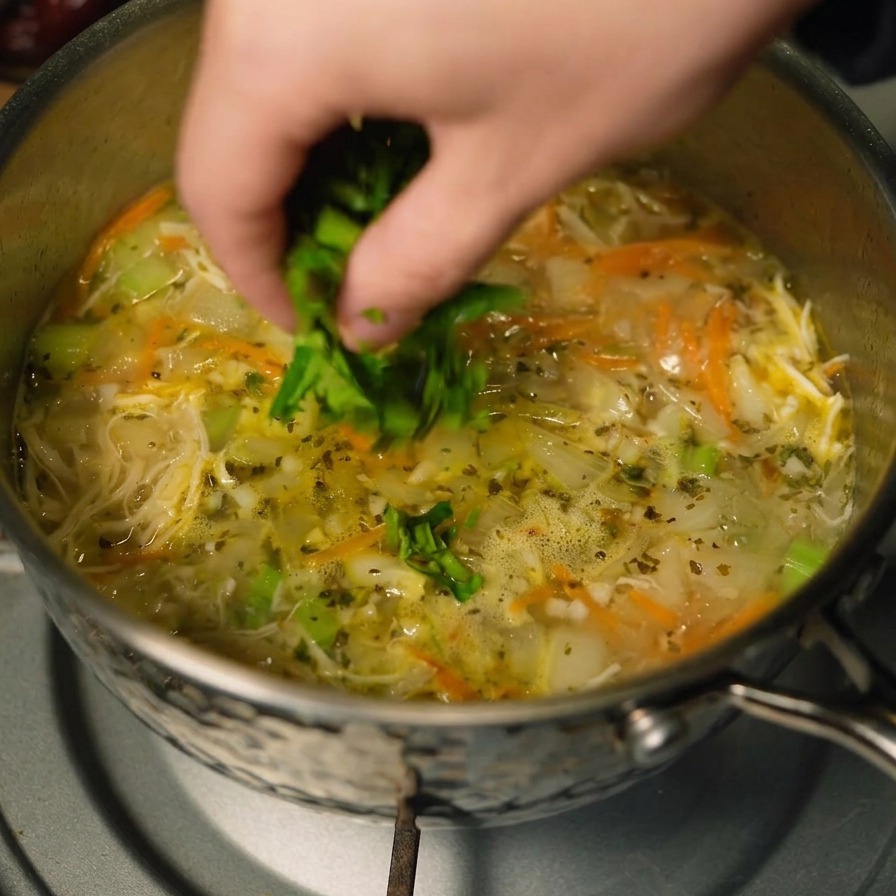 Una mano espolvoreando cilantro verde picado sobre una olla de sopa humeante de pollo y verduras.