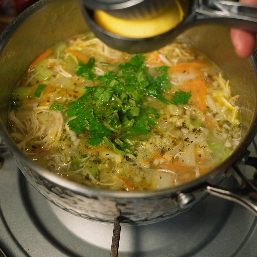 Un exprimidor de mano metálico utilizándose para exprimir jugo de limón fresco en una olla de sopa de pollo cubierta con hierbas verdes.