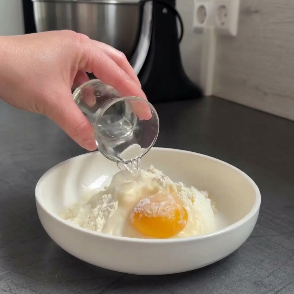 Una mano vertiendo agua desde un vaso pequeño en un bol blanco con una yema de huevo, harina y yogur.
