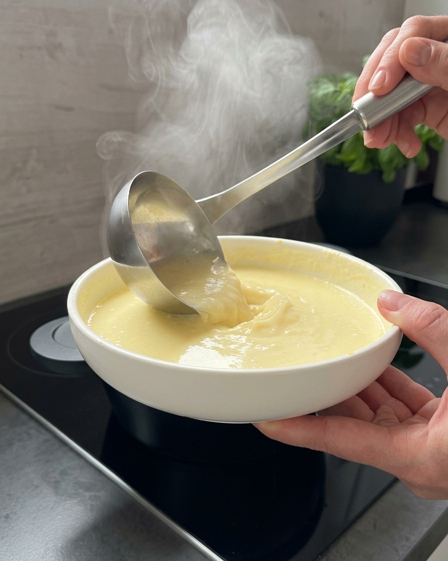 Un cazo de metal vertiendo caldo caliente en un bol blanco con la mezcla de yogur y huevo.