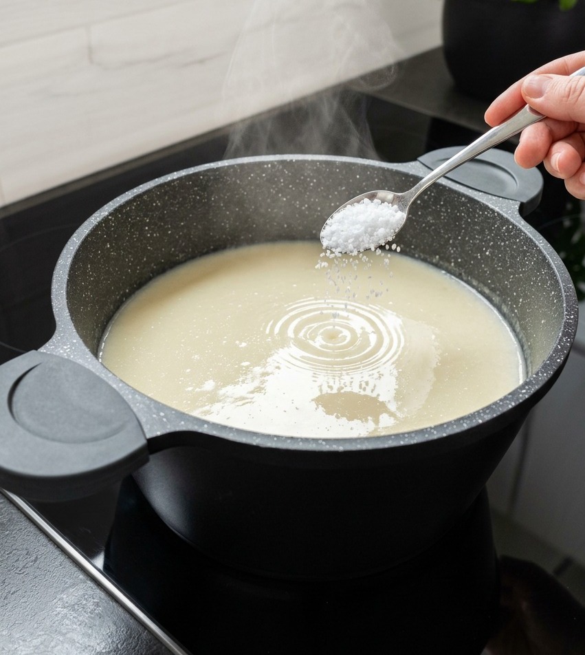 Una mano sosteniendo una cuchara de plata con sal blanca sobre una olla grande con sopa de pollo de color amarillo pálido.