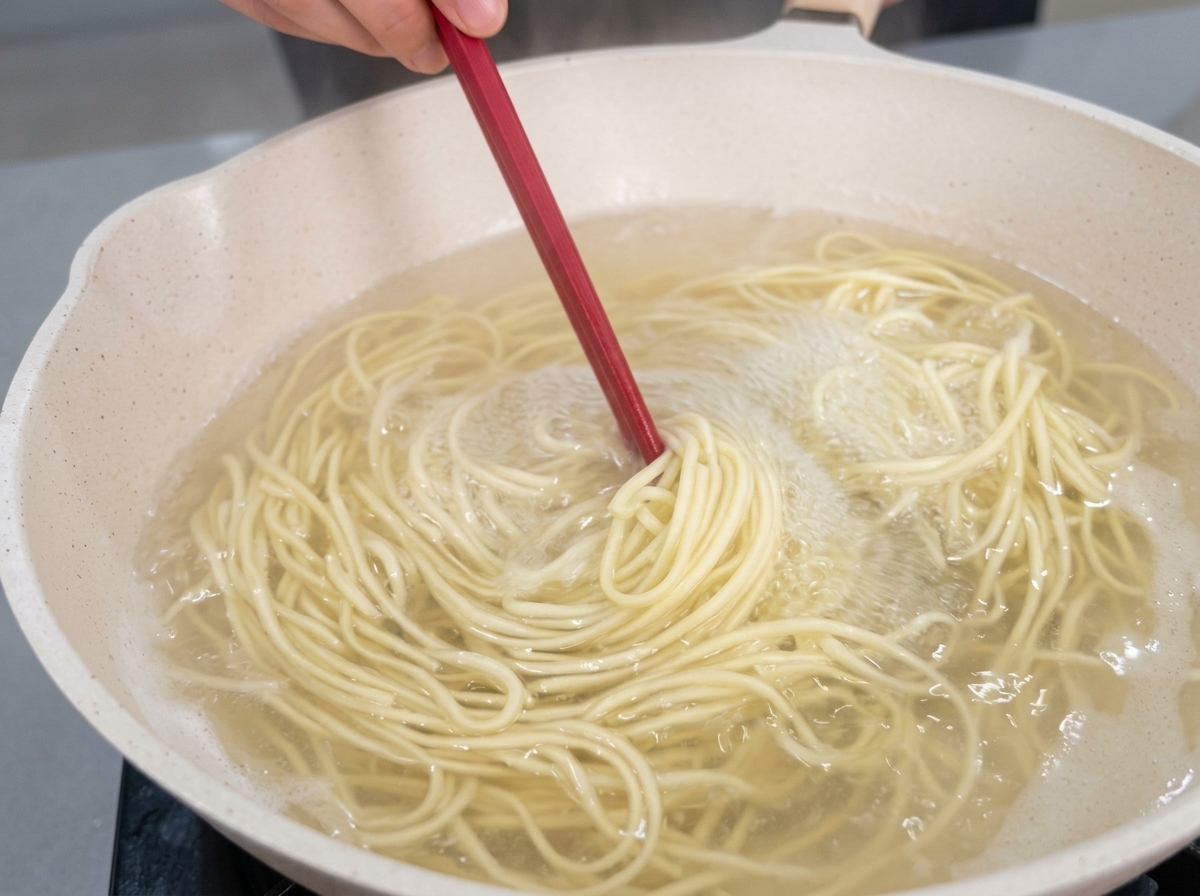 Fideos blancos y finos sumergidos en agua hirviendo mientras se remueven con un utensilio de cocina rojo.