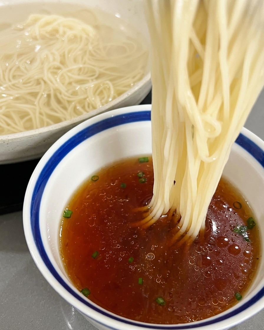 Un nido de fideos blancos largos introduciéndose en el cuenco con el caldo ámbar y la cebolleta.