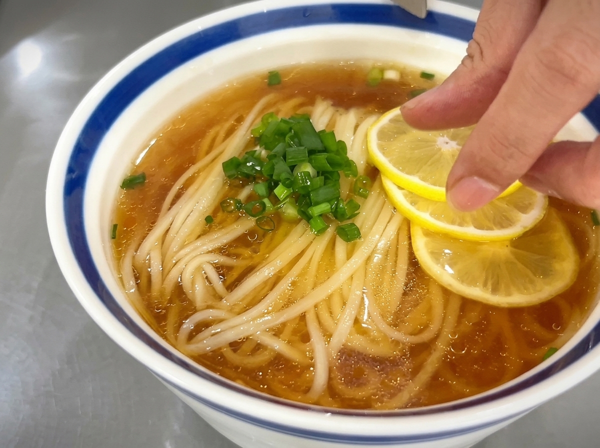 Una mano colocando tres rodajas amarillas de limón sobre la superficie de la sopa de fideos.
