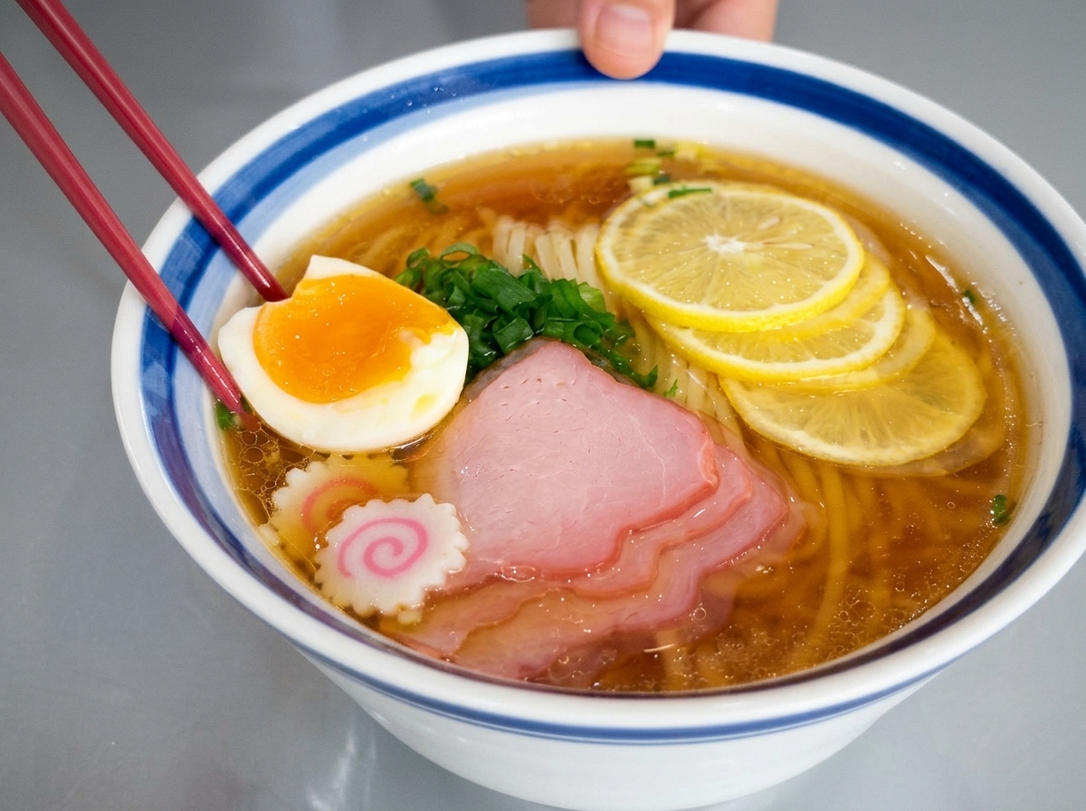 Un cuenco de sopa con fideos, dos mitades de huevo de yema naranja brillante, carne y limón.