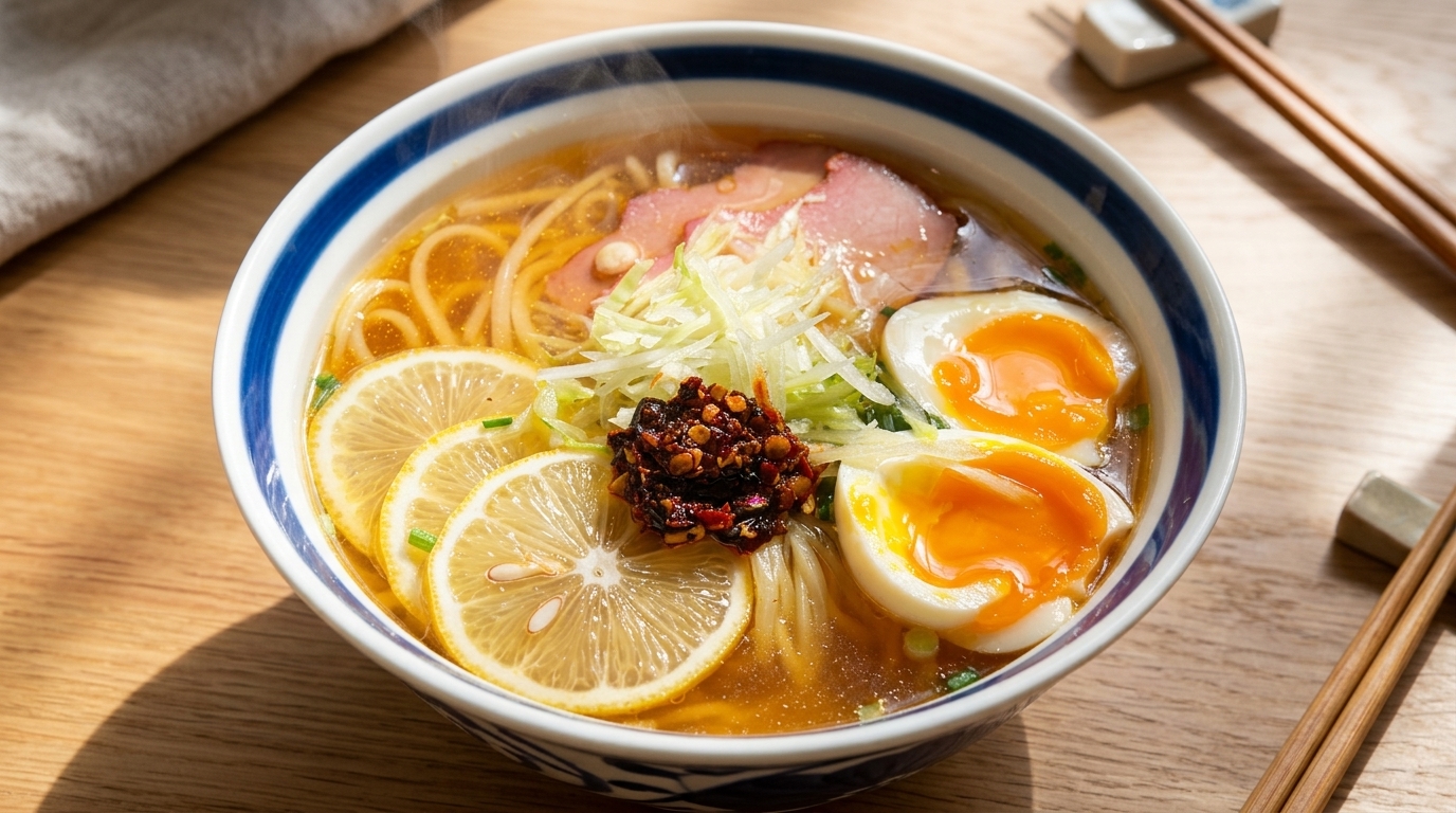 Sopa de fideos con limón fresco y huevo poché