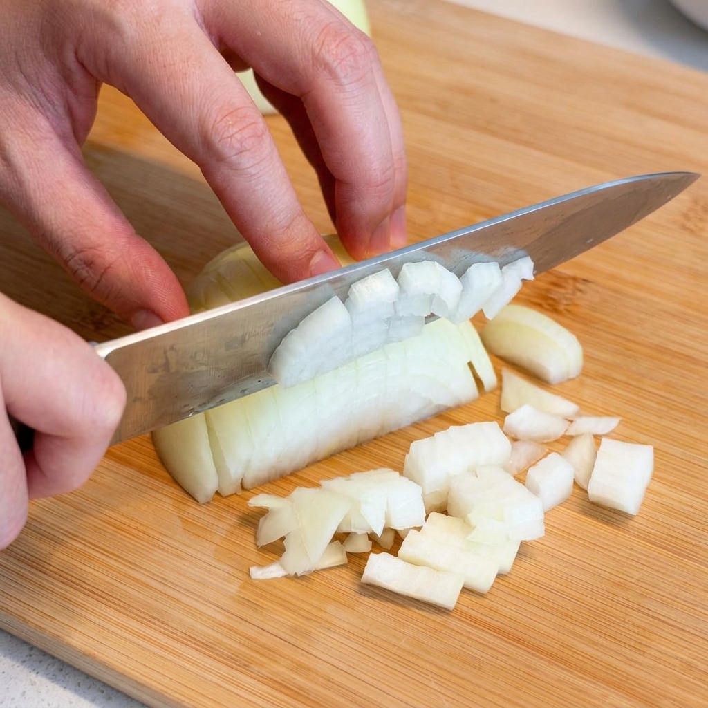 Manos utilizando un cuchillo de chef para picar una cebolla blanca en una tabla de cortar de bambú.