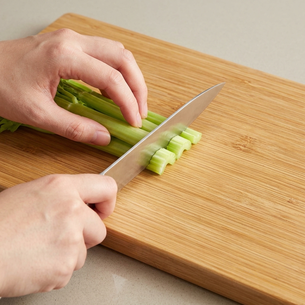 Un cuchillo cortando un manojo de tallos de apio verde en una tabla de madera en pequeñas formas de media luna.