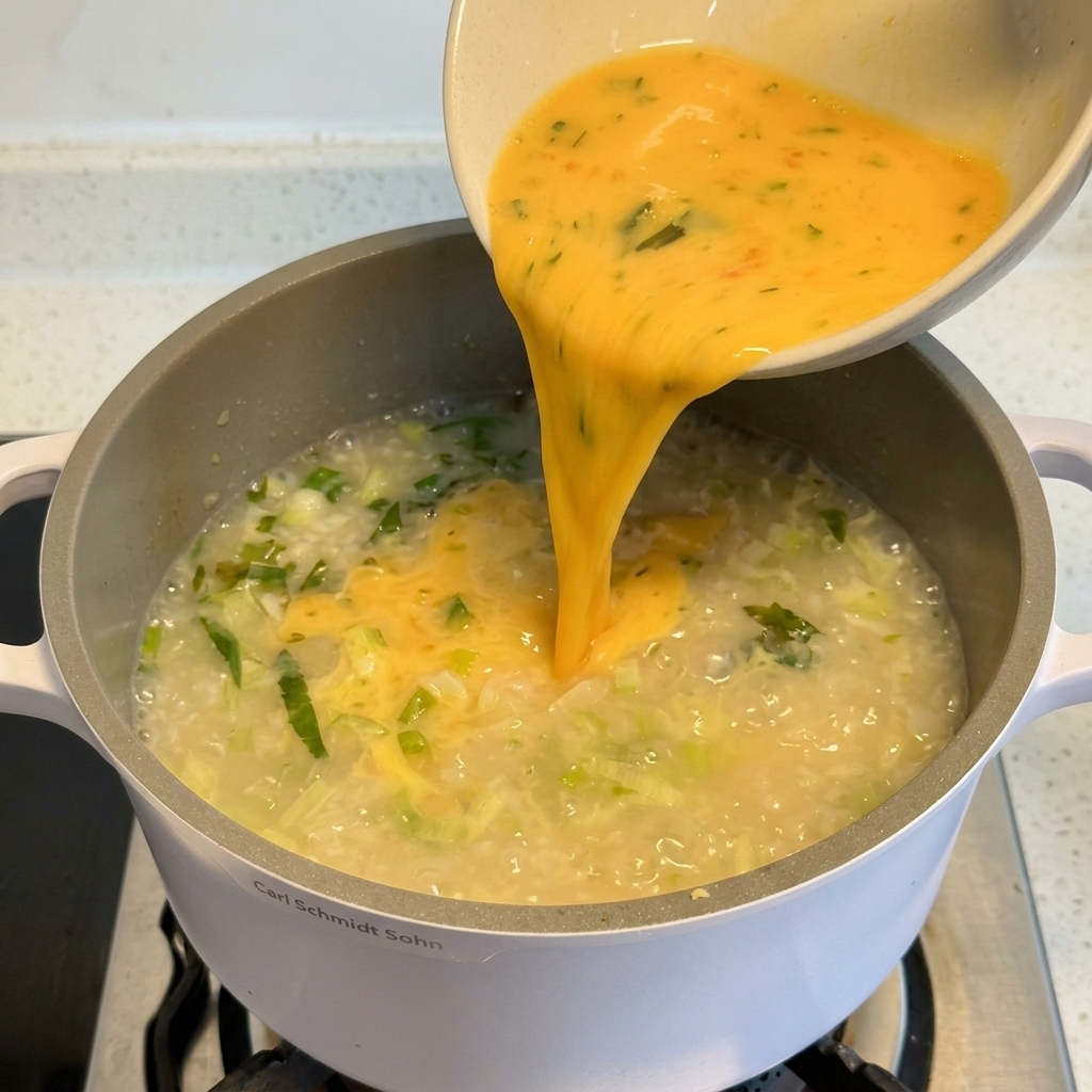 Un chorro de mezcla amarilla de huevo y limón vertiéndose desde un tazón a una olla de sopa que contiene arroz y verduras.