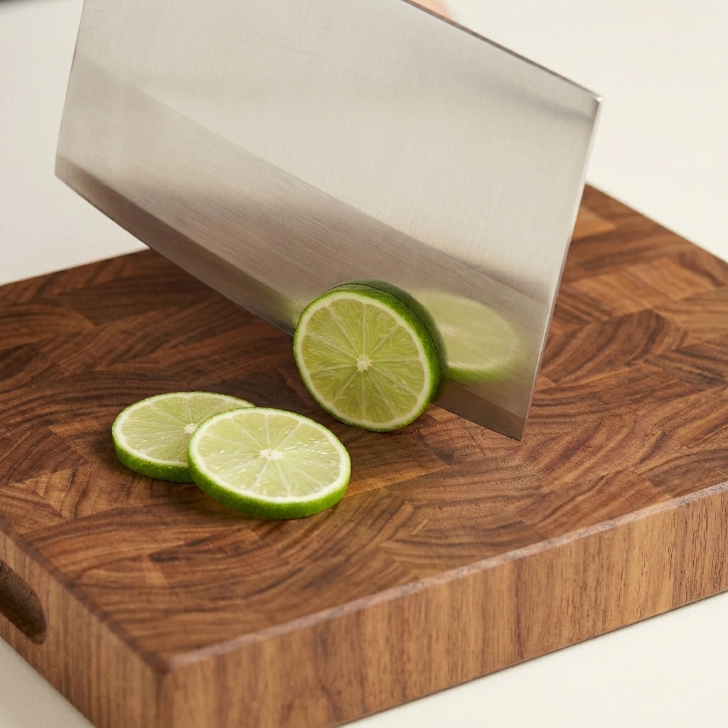 Rodajas finas de limón perfume verde siendo cortadas con un gran cuchillo de cocina sobre una tabla de madera.