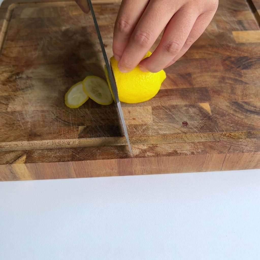 Una mano sosteniendo un limón amarillo sobre una tabla de madera mientras un cuchillo corta finas rodajas circulares.