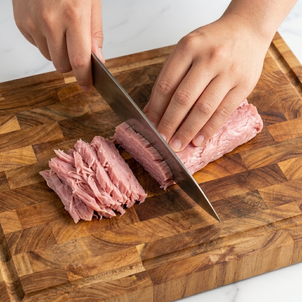 Un cuchillo de chef cortando una pila de jengibre encurtido rosa en tiras finas sobre una tabla de madera.