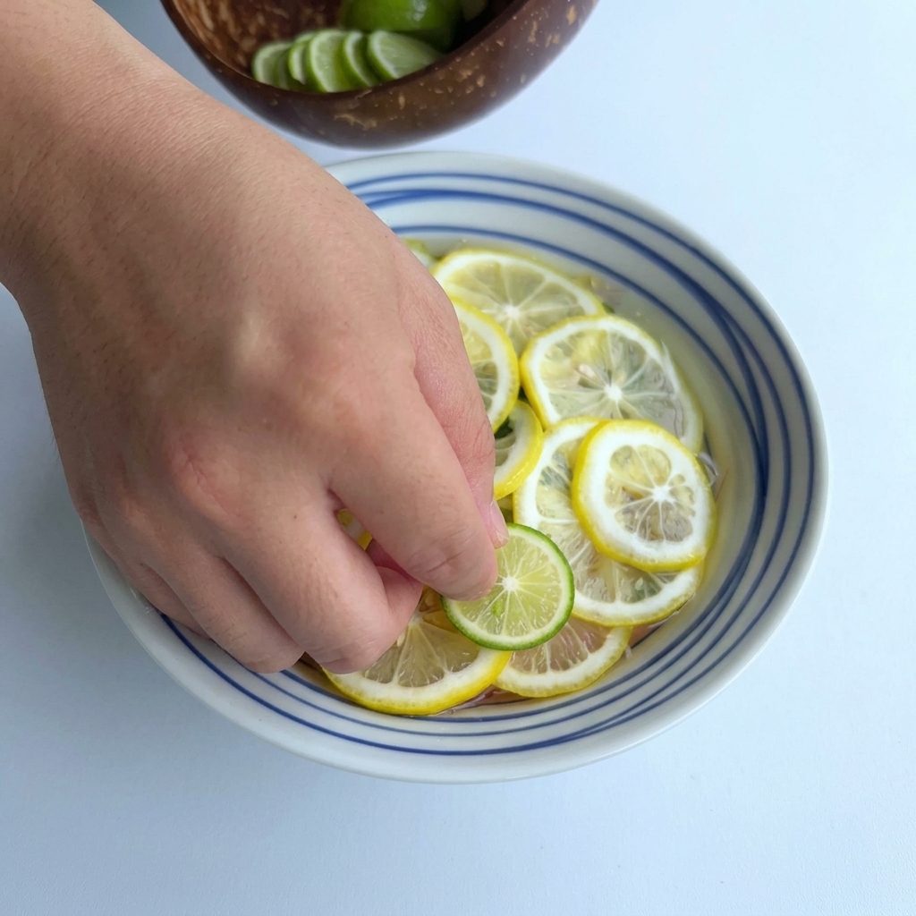 Una mano colocando una fina rodaja de limón perfume verde en un tazón ya cubierto con una disposición circular de rodajas de limón amarillo.