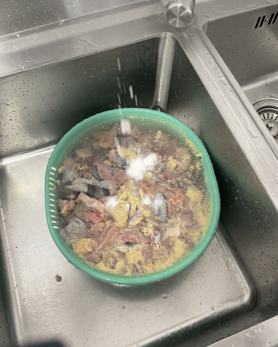 Manos lavando trozos de pollo silkie en un recipiente verde bajo el chorro de agua del grifo, añadiendo sal.