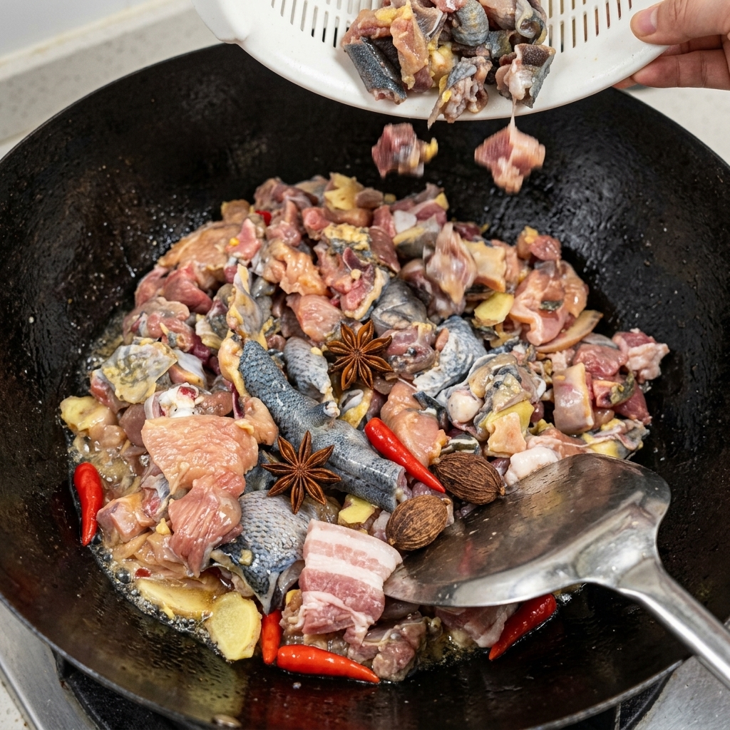 Trozos de pollo silkie picados cayendo desde un colador de plástico blanco hacia un gran wok negro que contiene aceite y especias enteras.