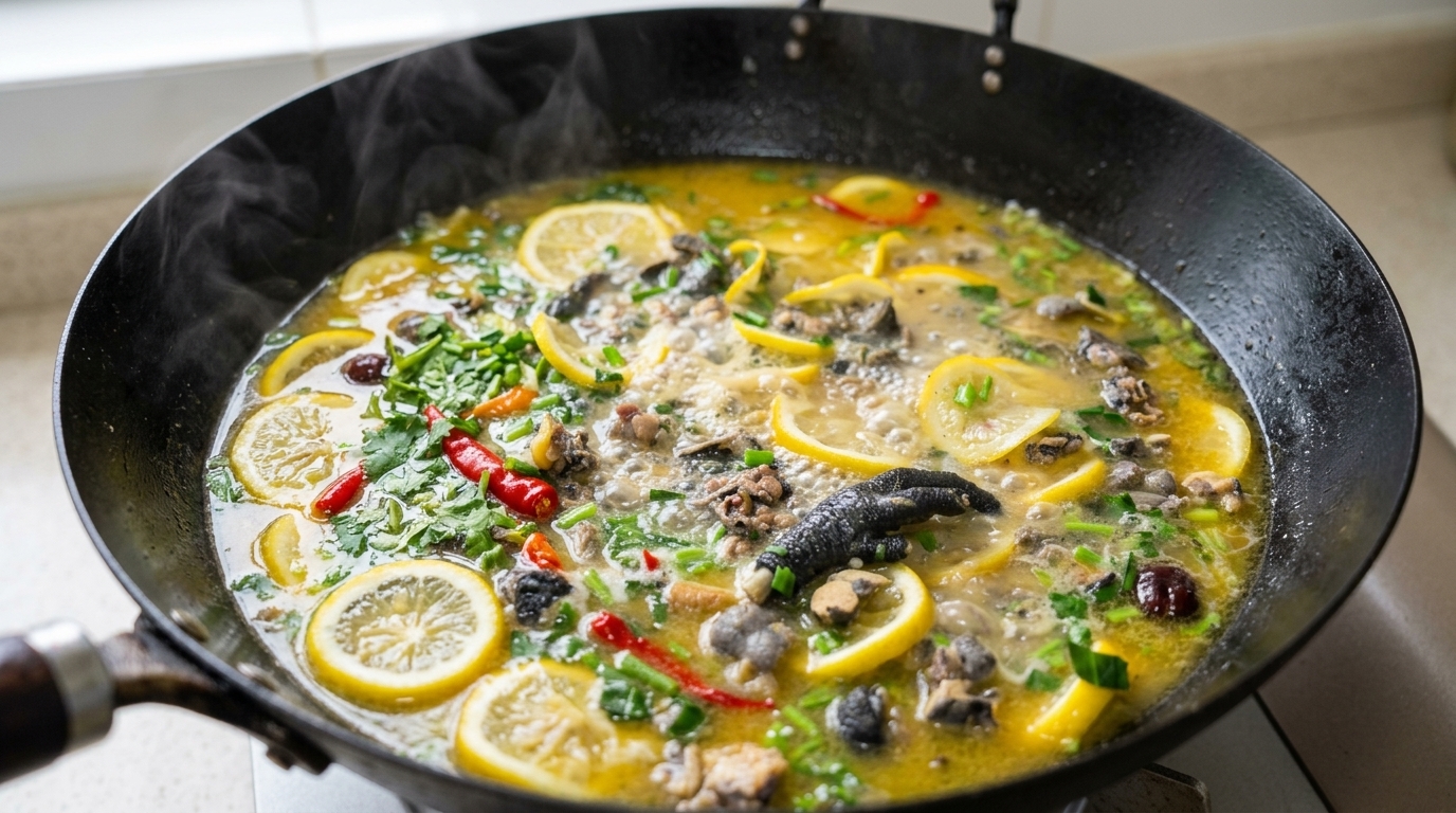 Un vibrante wok de pollo silkie agripicante con rodajas de limón fresco y hierbas aromáticas