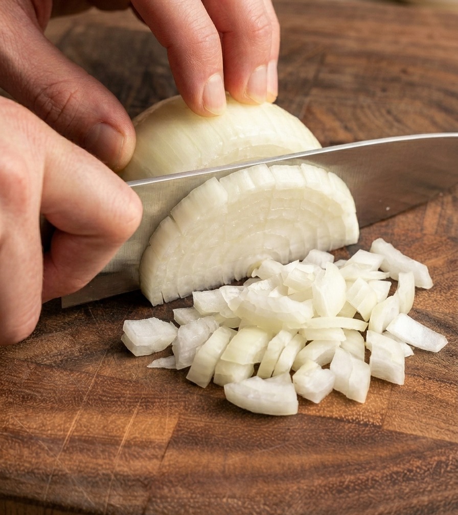 Manos picando una cebolla blanca pelada en cubos pequeños sobre una tabla de cortar de madera con un cuchillo afilado.