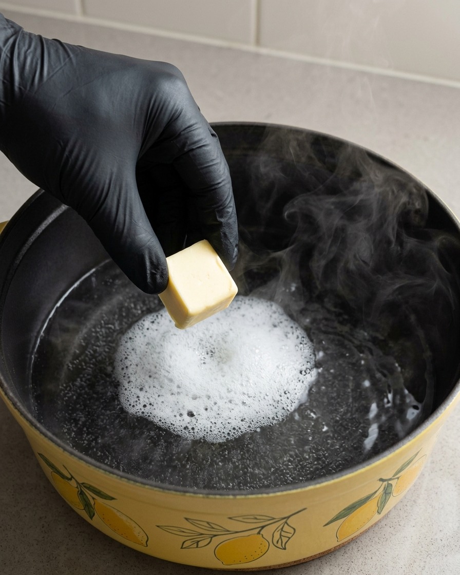 Una mano con guante dejando caer un cubo de mantequilla en una olla negra humeante con un diseño exterior de limones.