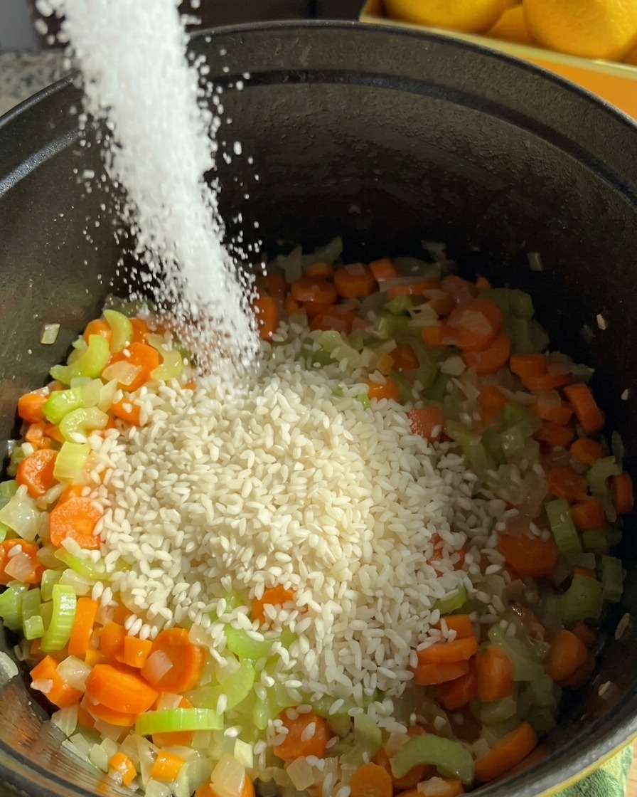 Sal fina se espolvorea sobre un montón de arroz jazmín crudo y verduras picadas en una olla negra.
