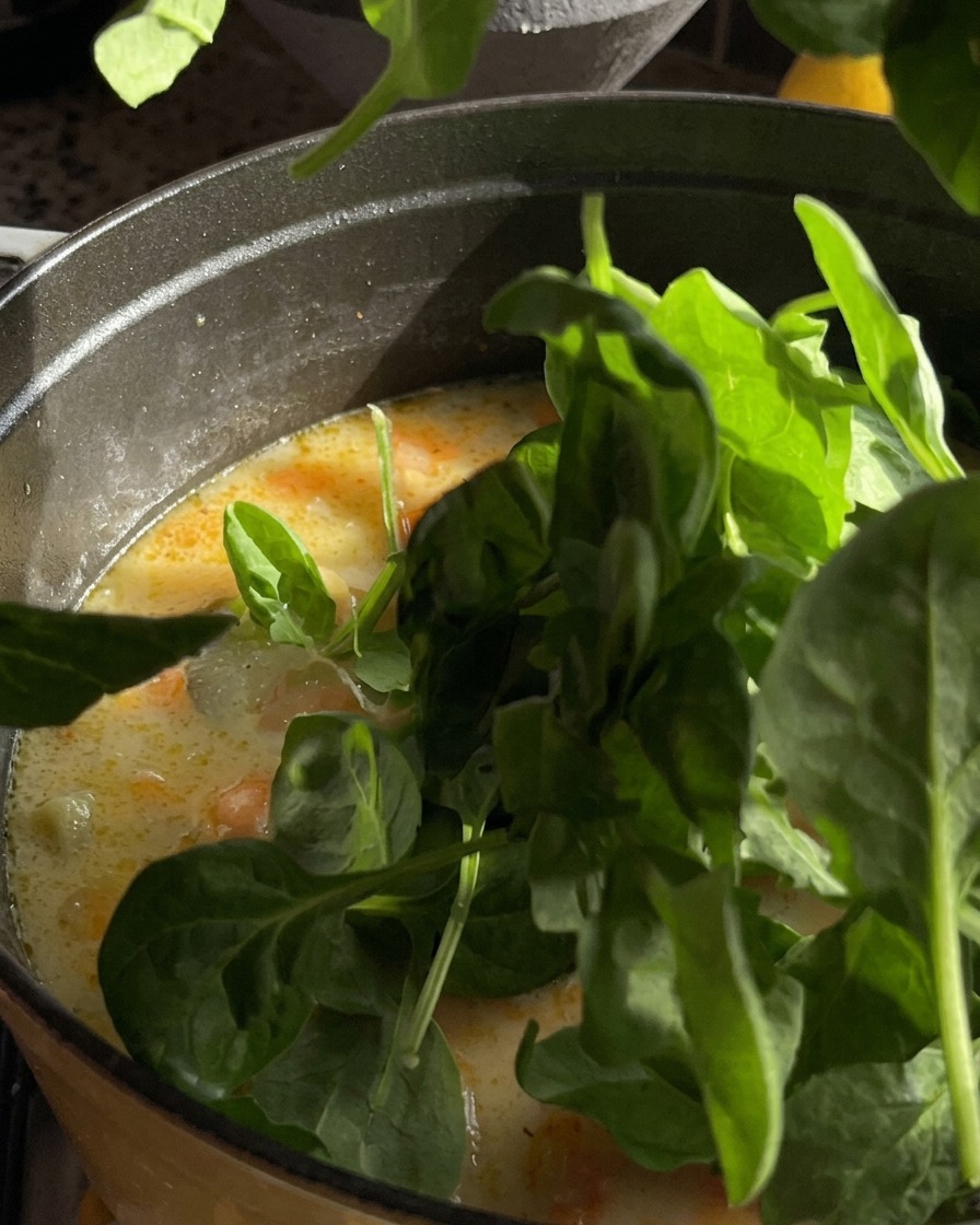 Puñados de hojas de espinaca baby verdes y frescas se dejan caer en una olla de sopa cremosa.