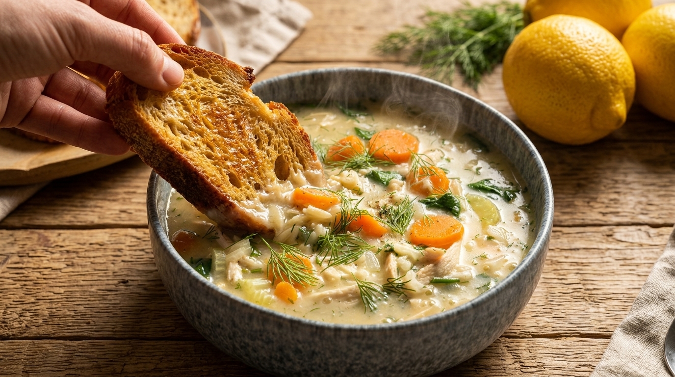 Sopa Cremosa de Pollo y Limón con Arroz Jazmín