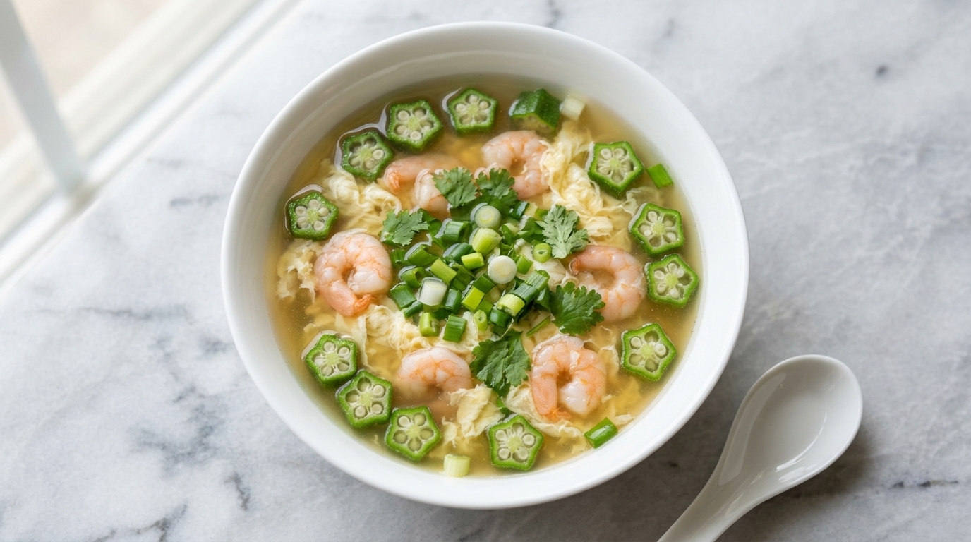 Sopa ligera de huevo con ocra y camarones