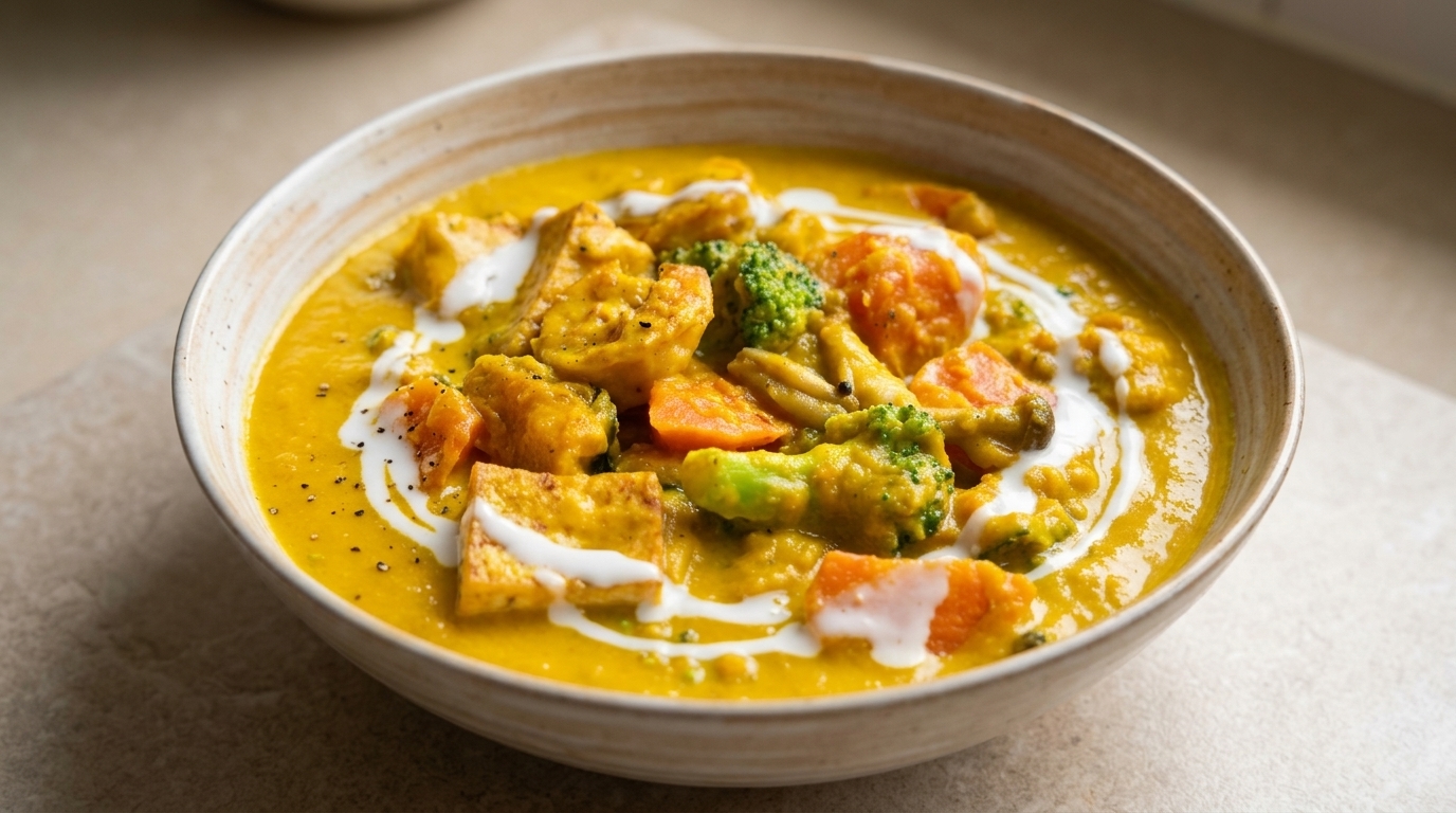Sopa cremosa de calabaza con camarones y tofu crujiente