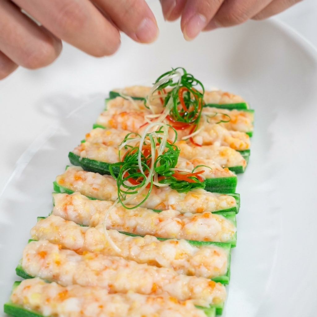 Tiras de cebolleta verde fresca y chile rojo picado siendo colocados sobre la okra rellena de camarones al vapor.
