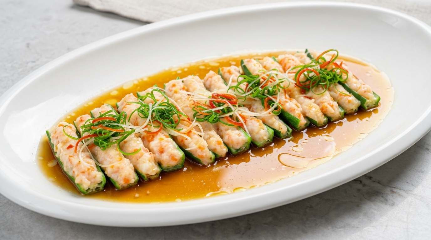 Okra al vapor rellena de camarones con salsa de soja sazonada