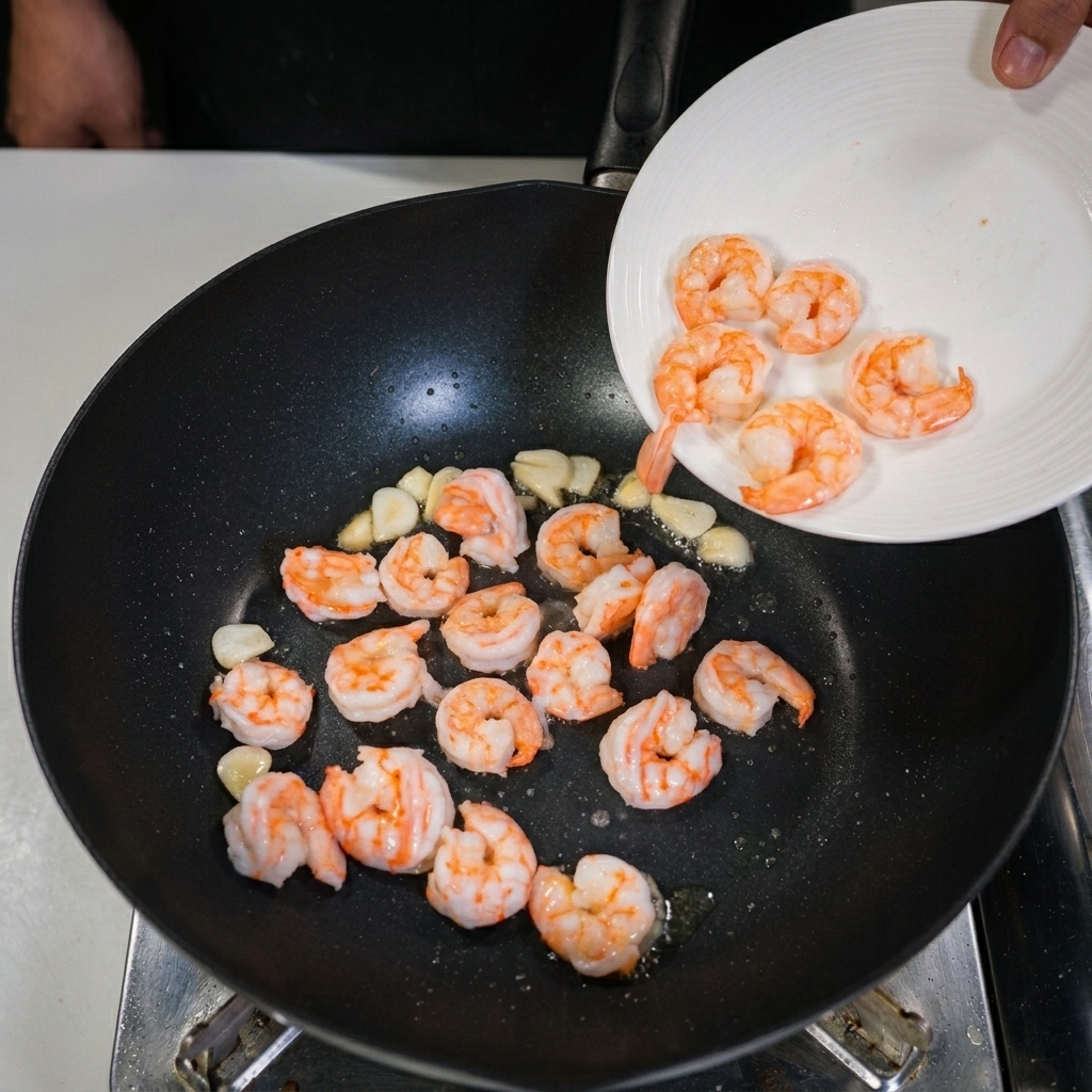 Camarones rosados cocidos vertiéndose desde un plato blanco en un wok negro que contiene láminas de ajo sofrito.