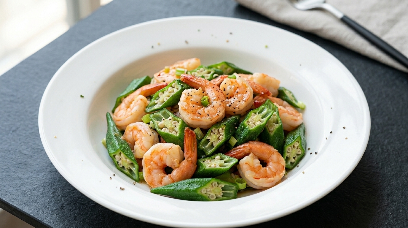 Salteado de ocra con camarones en salsa de ostras