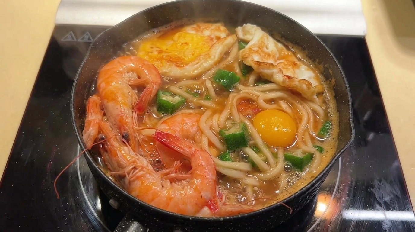 Sopa de fideos con camarones frescos, ocra y huevos fritos