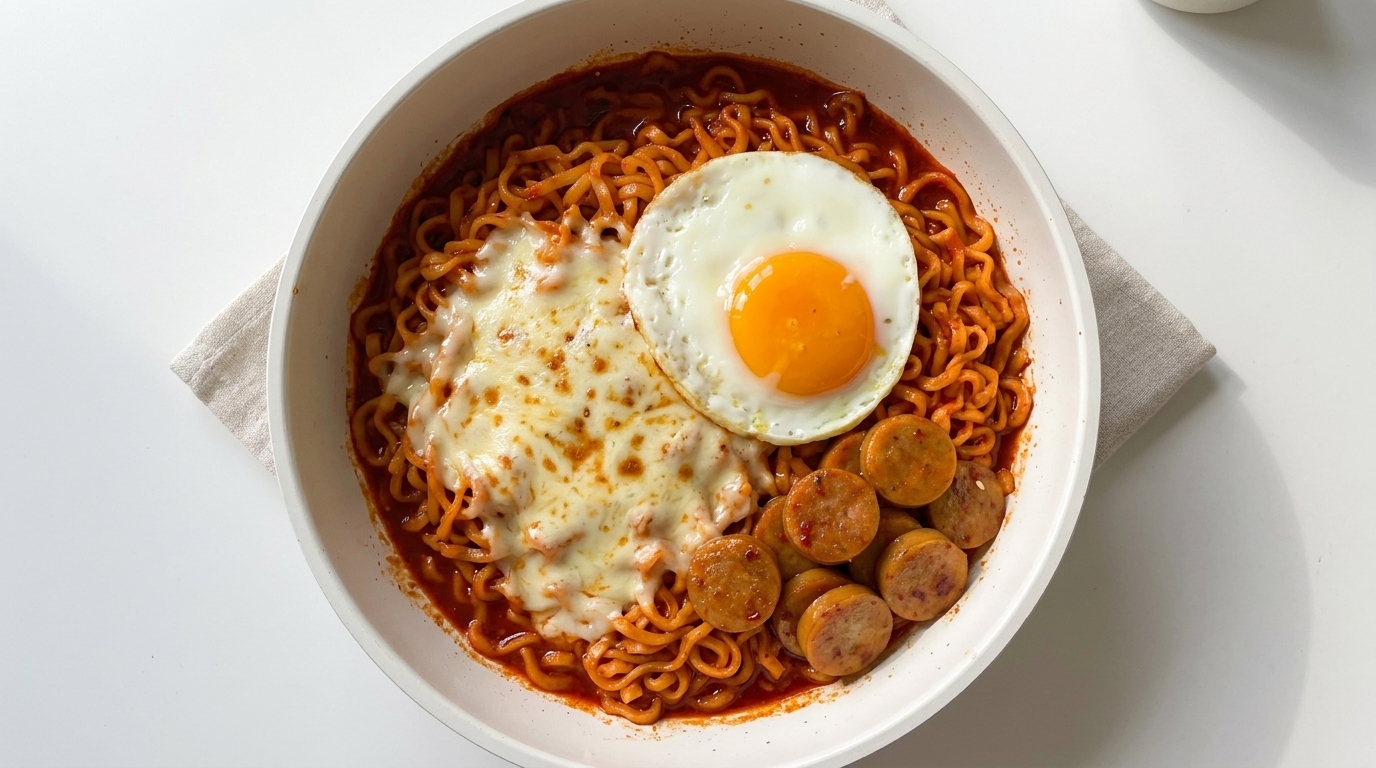 Fideos Picantes Buldak Muy Cremosos con Queso, Salchicha y Huevo