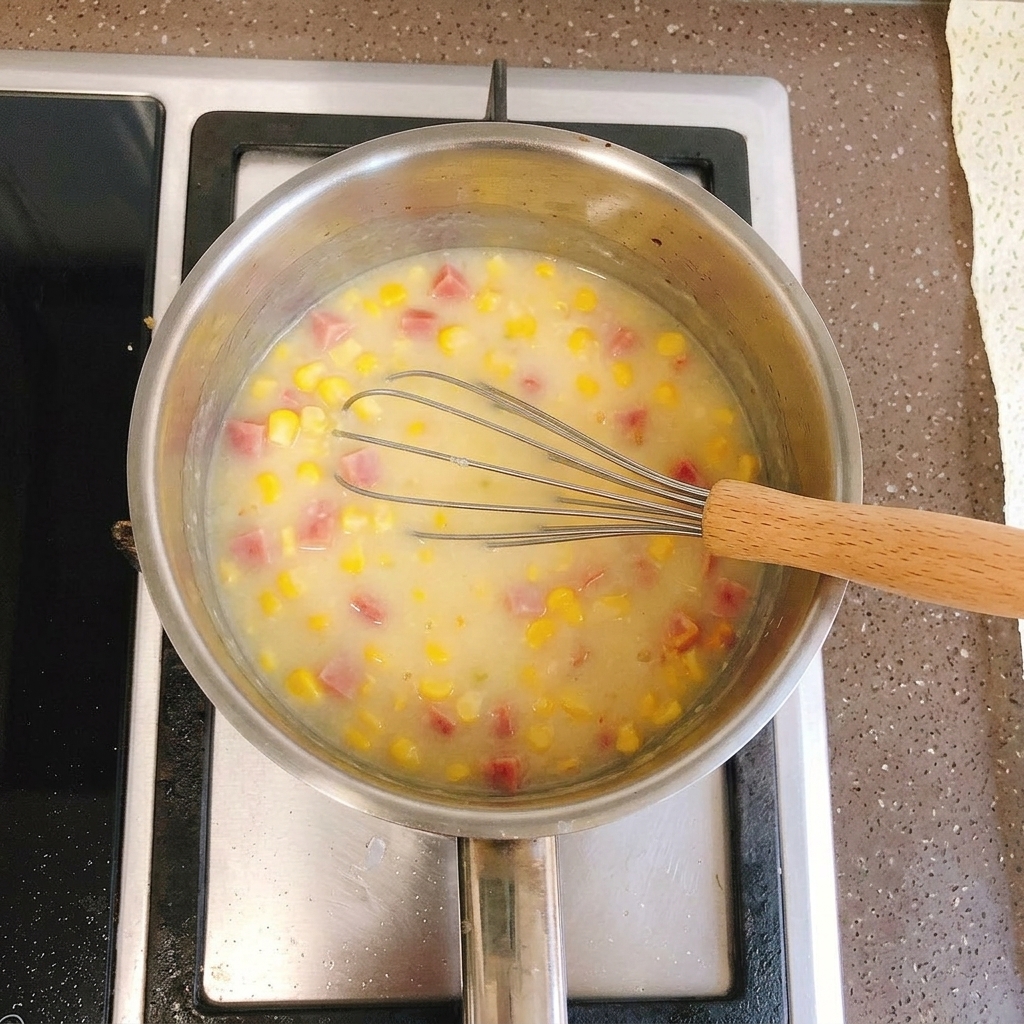 Una vista de primer plano de una sopa amarilla espesa burbujeando suavemente en una olla de acero inoxidable sobre la estufa.