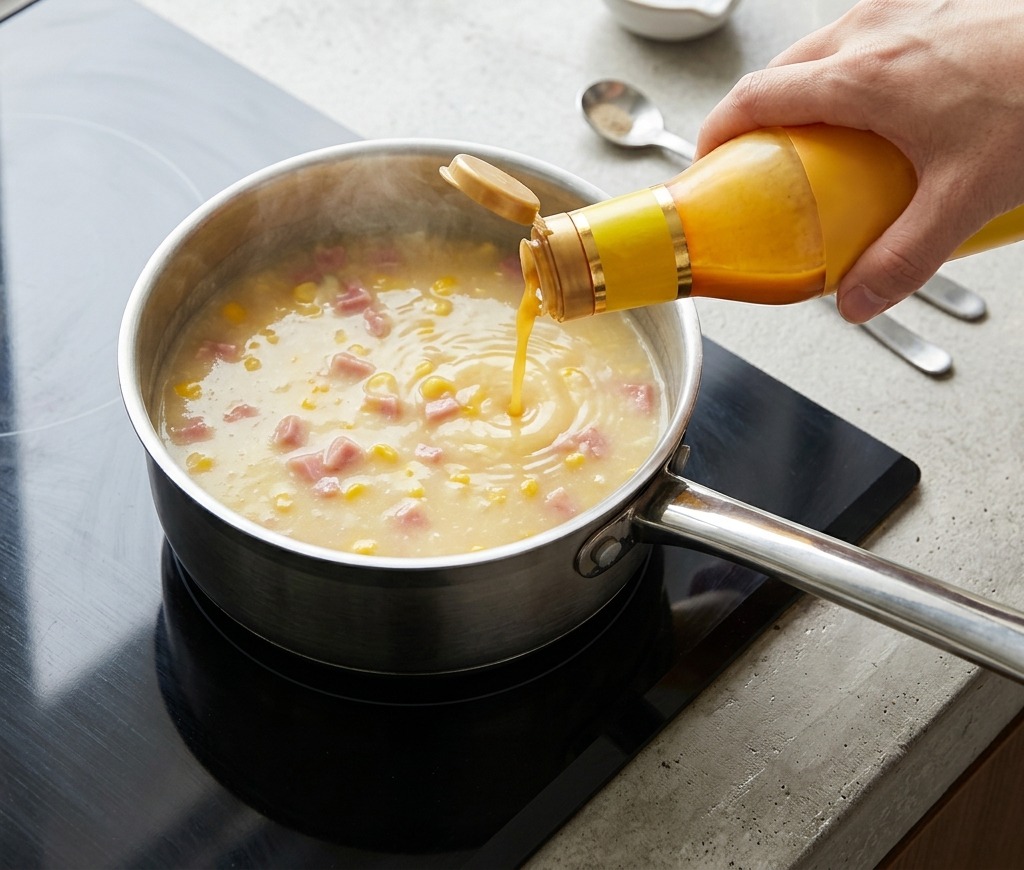 Jugo concentrado de pollo siendo vertido desde una botella amarilla en una olla de sopa cremosa y espesa.