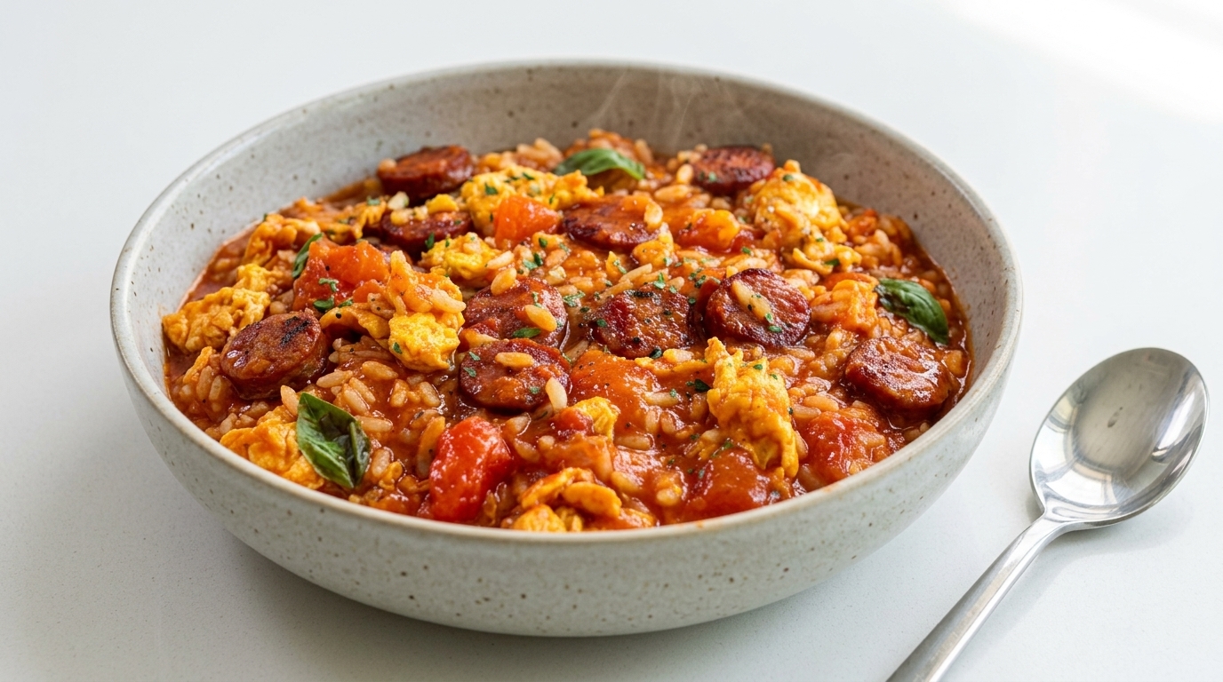 Arroz salteado con tomate y salchicha