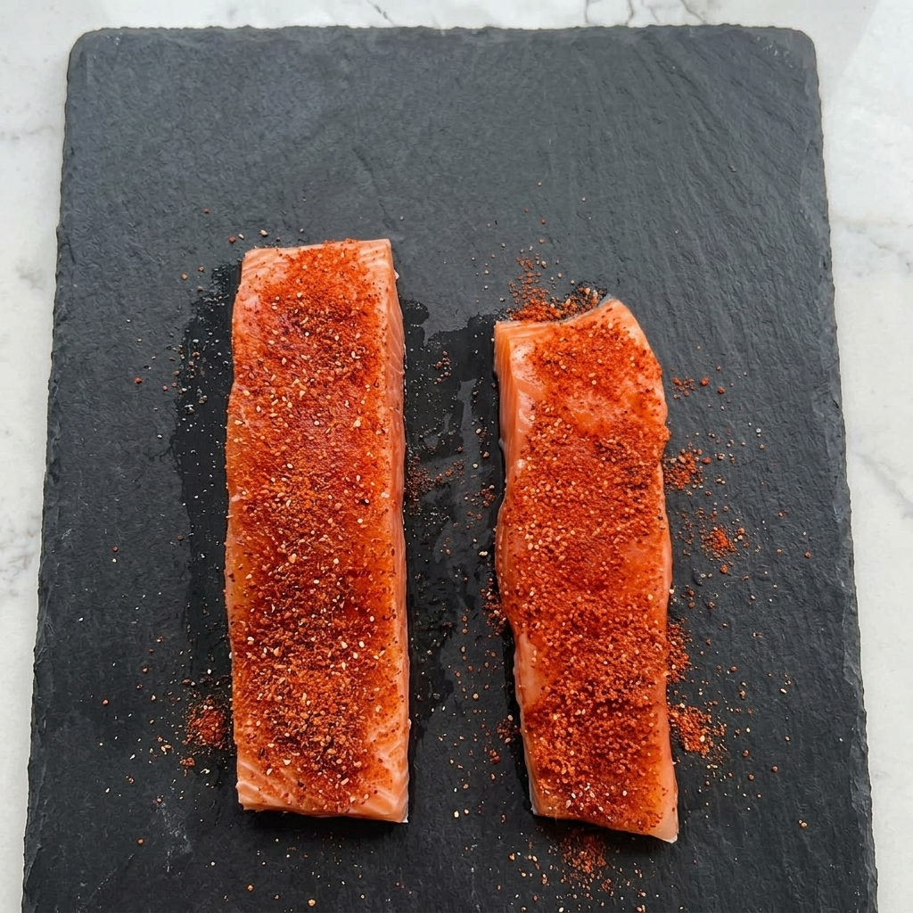 Dos filetes de salmón crudo cubiertos con una mezcla de especias rojas sobre una tabla de cortar oscura.
