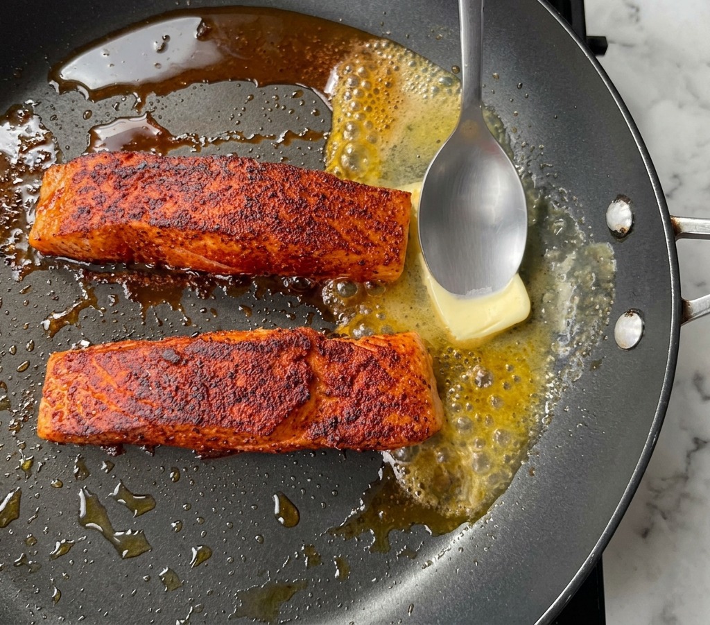 Una cuchara de metal vertiendo mantequilla derretida y burbujeante sobre dos filetes de salmón en una sartén.