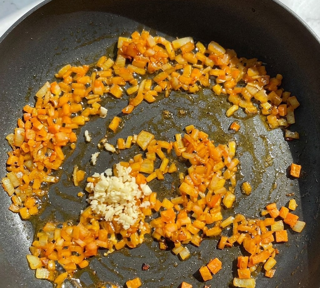 Ajo picado que se añade a una sartén con cebolla sofrita y pequeños trozos de vegetales.