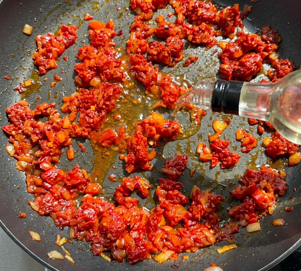 Vino blanco vertiéndose de una botella transparente en una sartén que contiene una base sofrita de tomates secos y cebolla.
