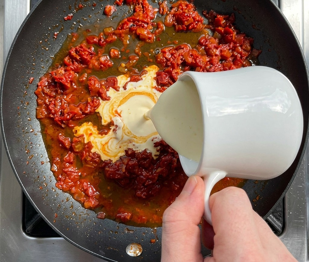 Crema de leche vertiéndose de una jarrita blanca a una sartén con salsa roja a fuego lento, creando remolinos naranjas.