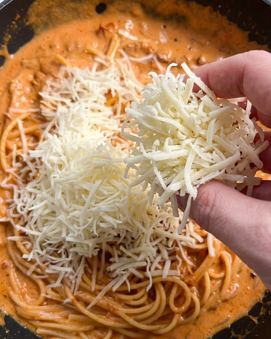 Una mano espolvoreando queso parmesano rallado sobre una sartén grande con pasta cremosa.
