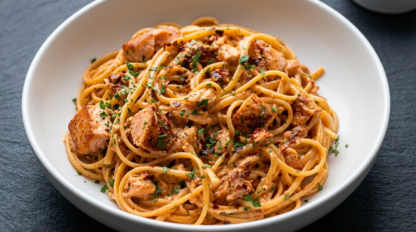 Pasta Cremosa de Tomates Secos con Salmón Picante