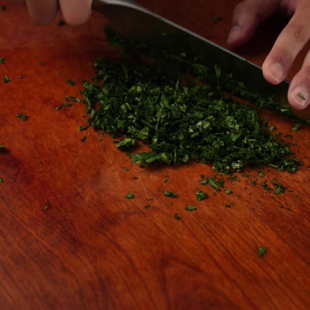 Un montón de hojas de albahaca verde fresca finamente picadas sobre una tabla de cortar de madera.