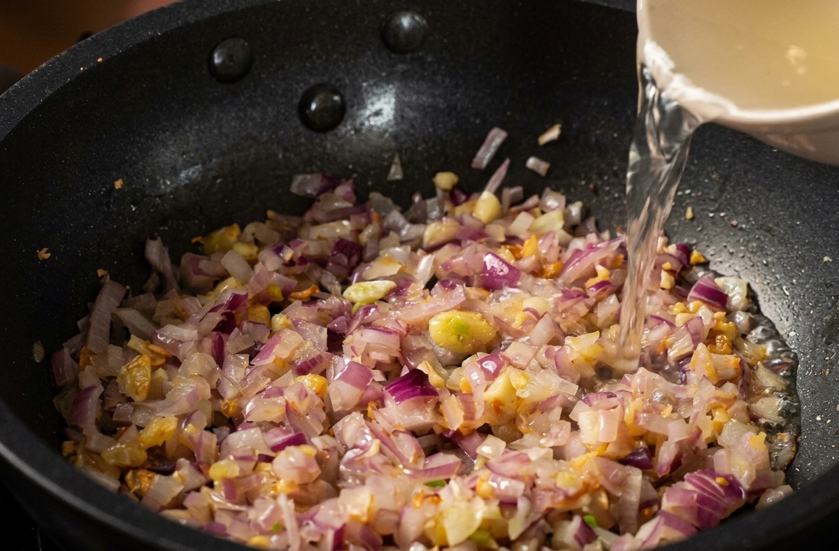 Caldo de pollo claro vertiéndose desde un tazón en una sartén negra con cebolla morada y ajo sofritos.